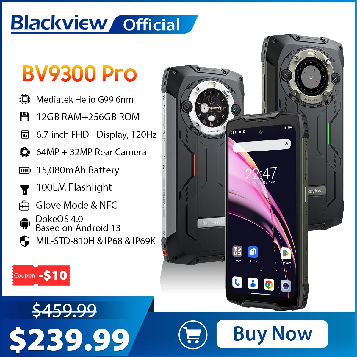Black view bv9300 pro helio g99 robustes telefon android 13 12gb 256gb 6.7 "120hz display, 15080mah mit 33w ladung 100lm taschenlampe