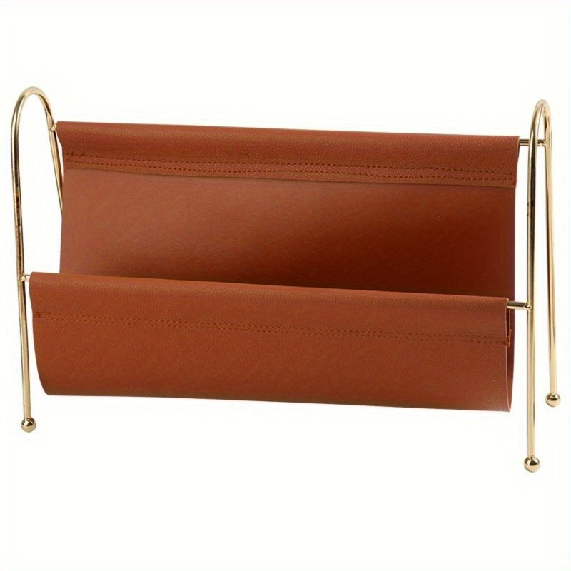 Nordic Metal Magazine Rack - Faux Leather Desk Organizer with Gold Frame, Compact Storage for Home Office/Bookshelf Decor