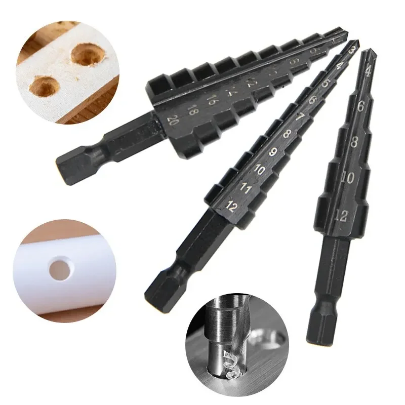 Broca de escalera con ranura recta, vástago Hexagonal negro, escariado y apertura de agujeros, juego de herramientas de taladro Pagoda ennegrecido, 3 uds.