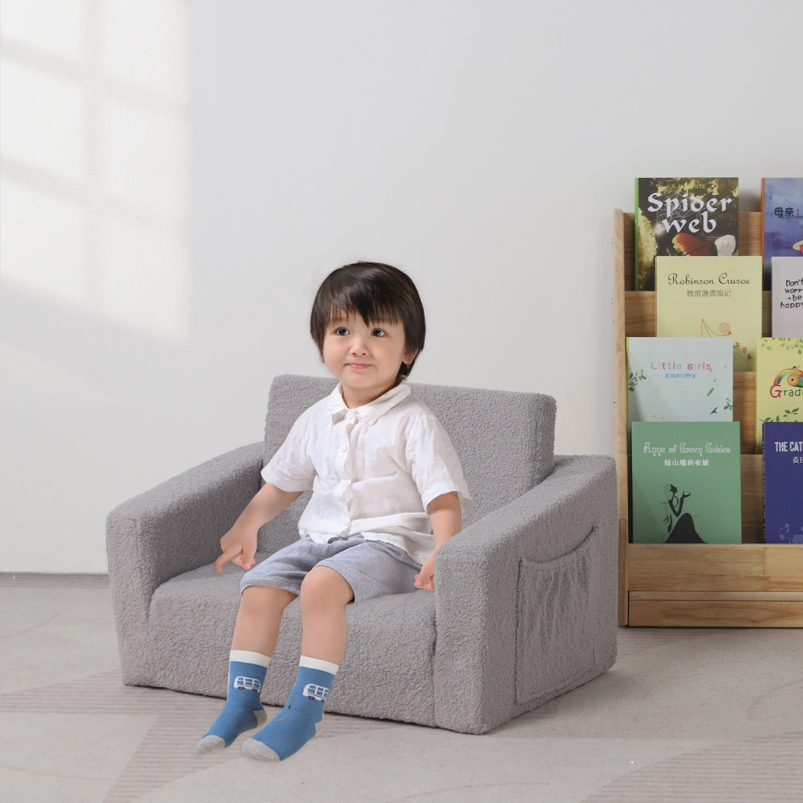 Sofá dobrável infantil, cadeira de descanso para assento infantil com capa sherp, espuma 2 em 1 sofá pequeno conversível para crianças pequenas