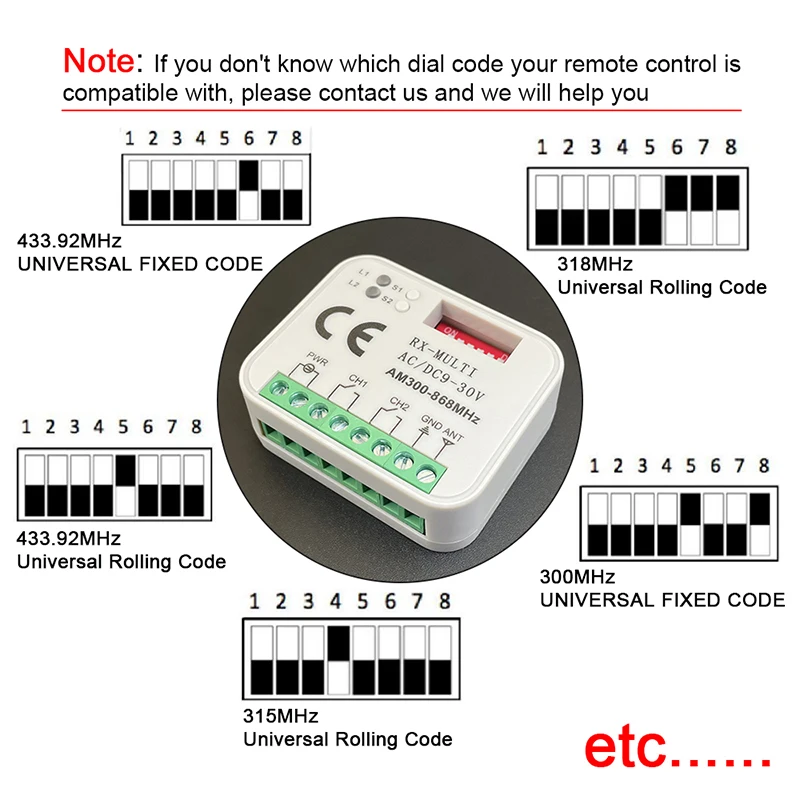 RX-MULTI Receiver Controller AC/DC 9V-30V 2CH 300MHz to 868MHz 433MHz Garage Door Opener / Gate Remote Control Receiver Switch
