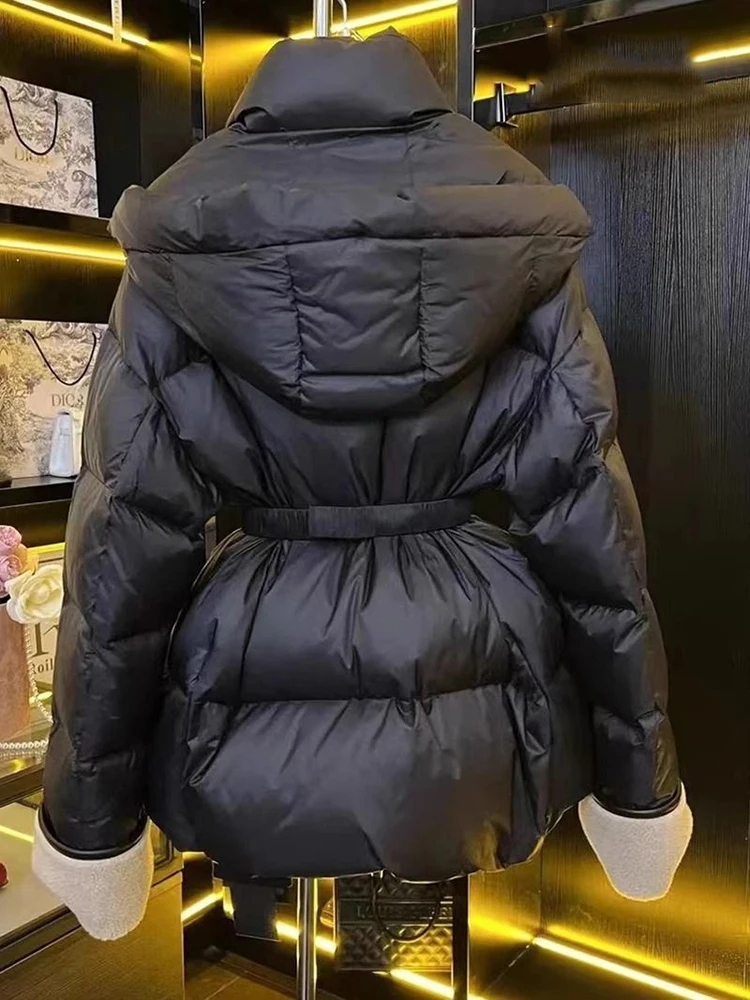 ฤดูหนาว Patchwork PU หนังหลวม Parkas หญิง Hooded กับเข็มขัดลงเสื้อแจ็คเก็ตเป็ดสีขาวลง Casual Coat หญิง Puffer Jacket