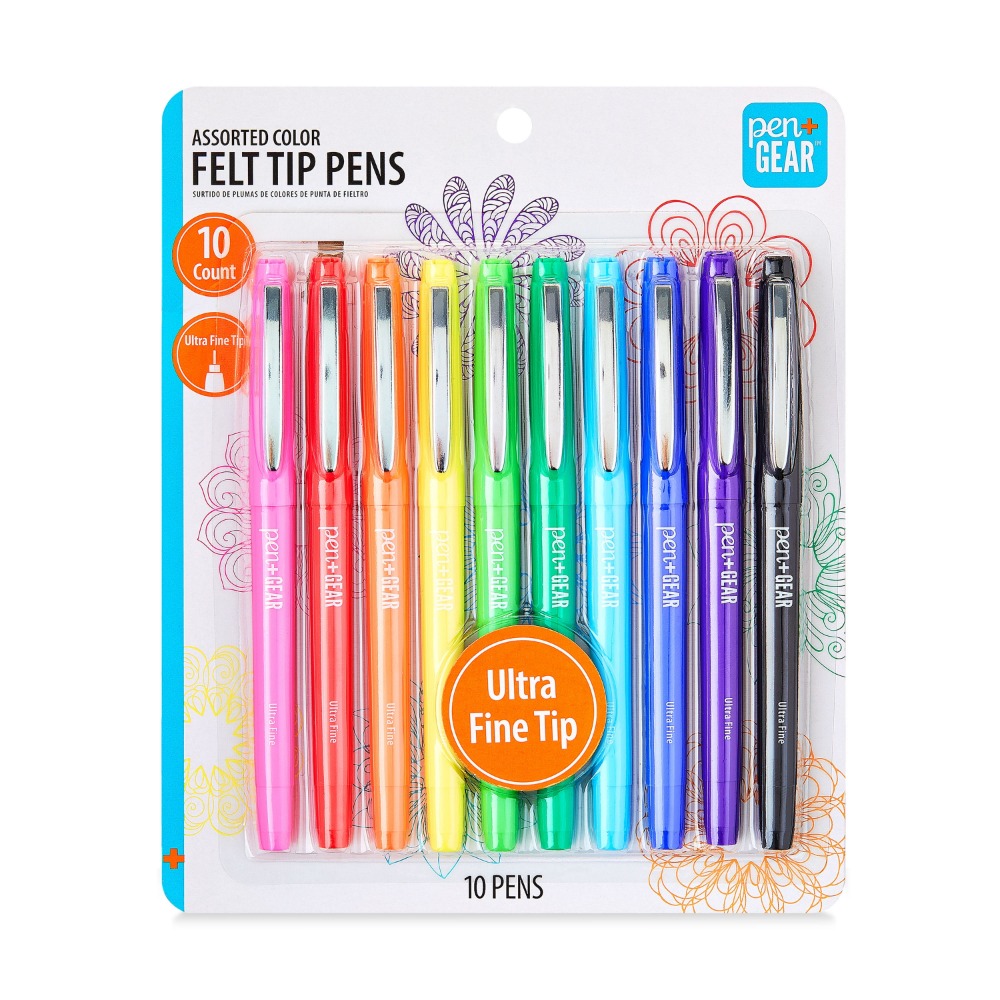 Felt-Tip Pens, Ultra Fine, Assorted Colors, 10 Pack