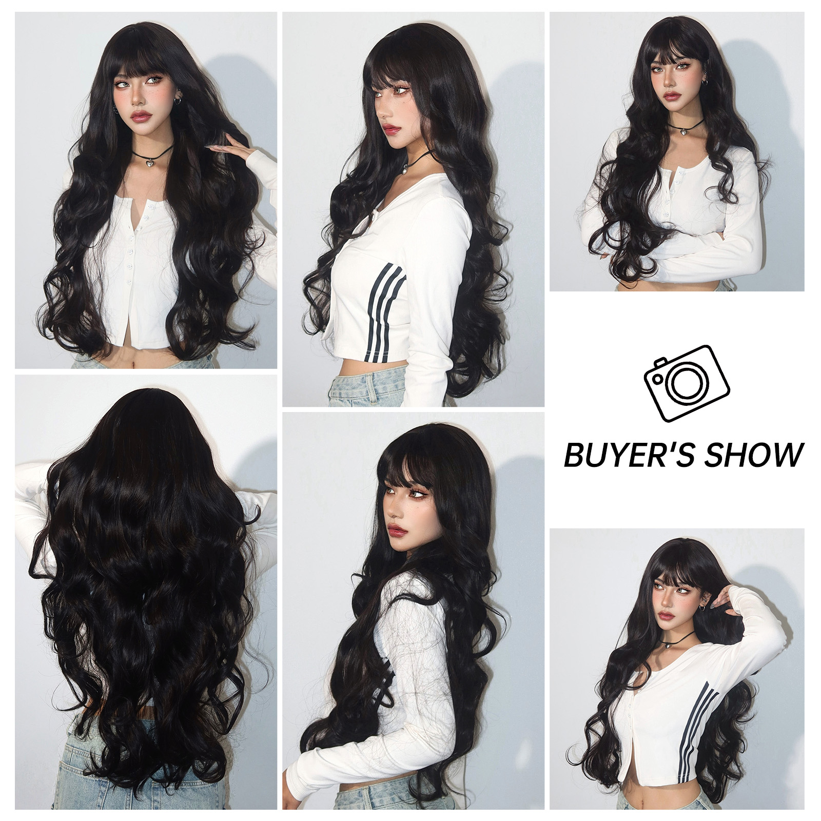 Super ยาวสีดํา Wavy วิกผมสังเคราะห์กับ Bangs สําหรับผู้หญิง Afro Dark Water Wave ฮาโลวีนคอสเพลย์วิกผมธรรมชาติทนความร้อน