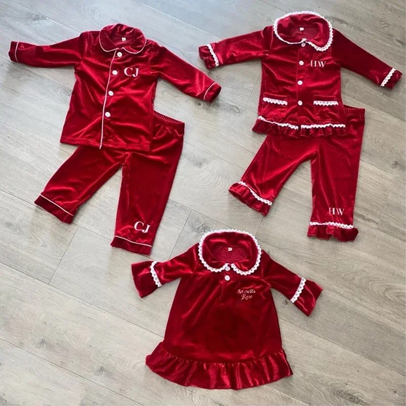 Conjunto de pijama para madre e hijo, conjunto de terciopelo rojo con volantes, ideal para Navidad, para Hermanos, gran oferta