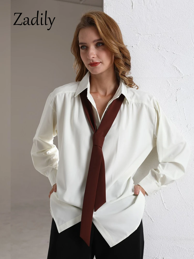 Zadily 2024 Zomer Minimalistisch Lange Mouw Knoop Shirt Vrouwen Koreaanse Stijl Effen Stropdas Oversized Shirts Blouse Losse Kleding Tops