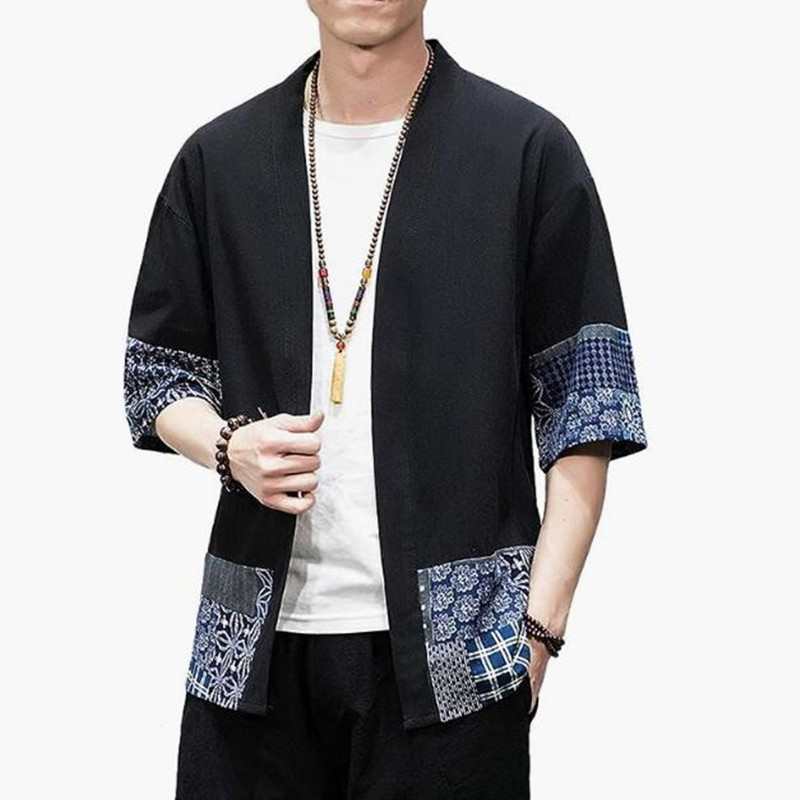Cardigan Kimono japonais pour hommes, ample, en coton et lin, manches 3/4, ouvert sur le devant, chemise d'été décontractée