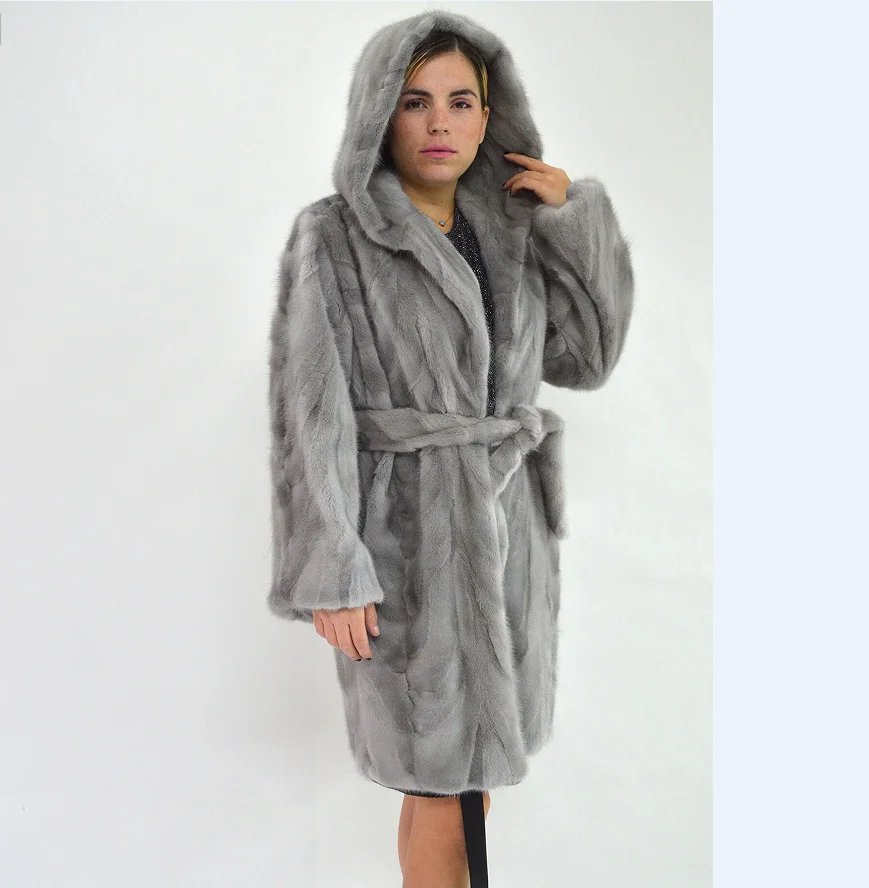 Echter Nerz pelzmantel, warm und modisch im Winter, langer Mantel mit Hut, 100% Nerz, neu, 2024