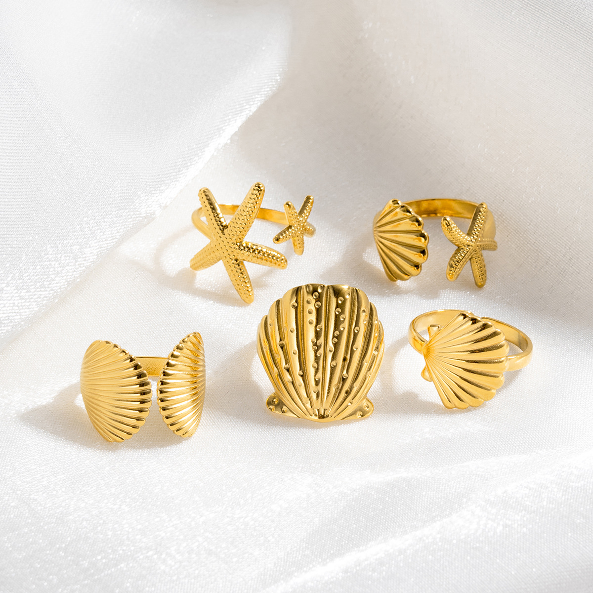 Ocean Elements Ring aus 14 Karat vergoldetem Edelstahl, verstellbarer Öffnungsring in Muschel- und Seesternenform, geeignet als Weihnachtsgeschenk