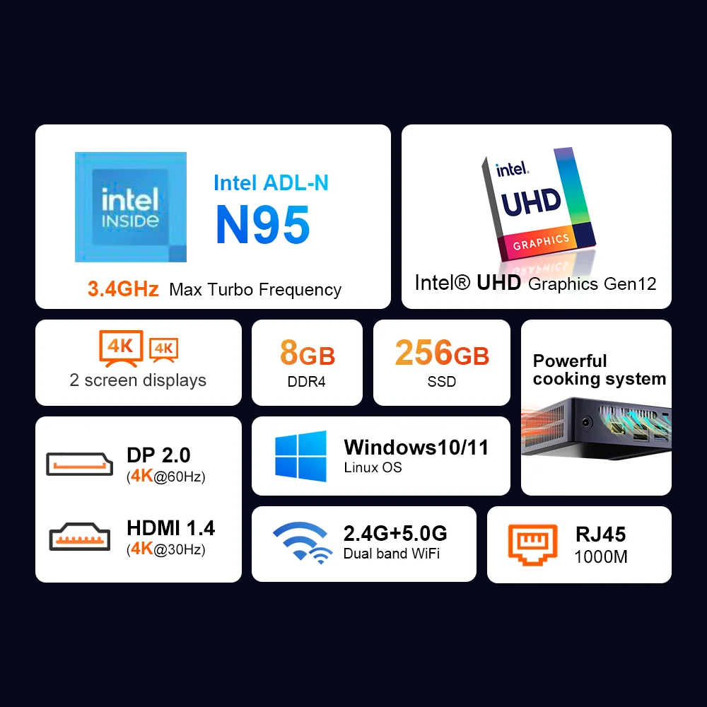 Ninkear Mini PC N9 Windows 11 Intel N95 8/16GB DDR4 256/512GB SSD WIFI 5.0 Computer da ufficio Desktop computador