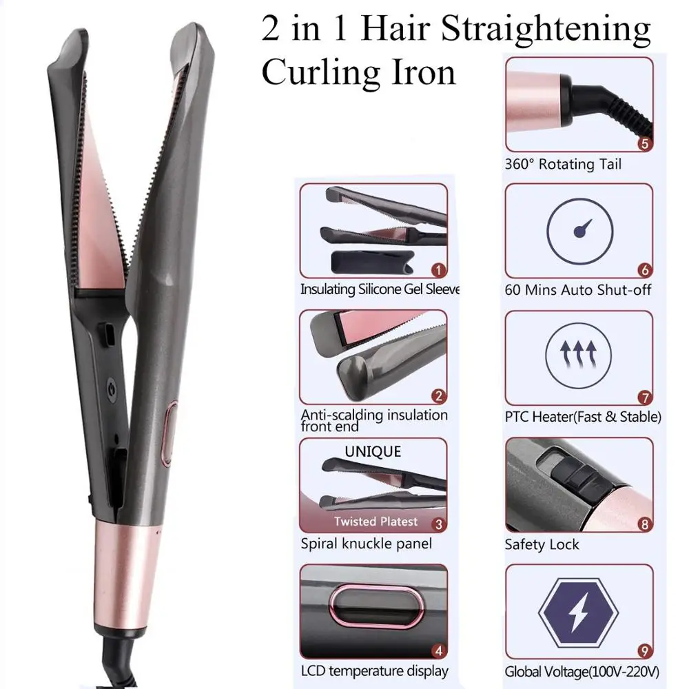 2 Trong 1 Máy Duỗi Tóc Và Máy Uốn Xoắn DuỗI UốN Tóc Chuyên Nghiệp Ion Âm Làm Nóng Nhanh Tạo Kiểu Dẹt