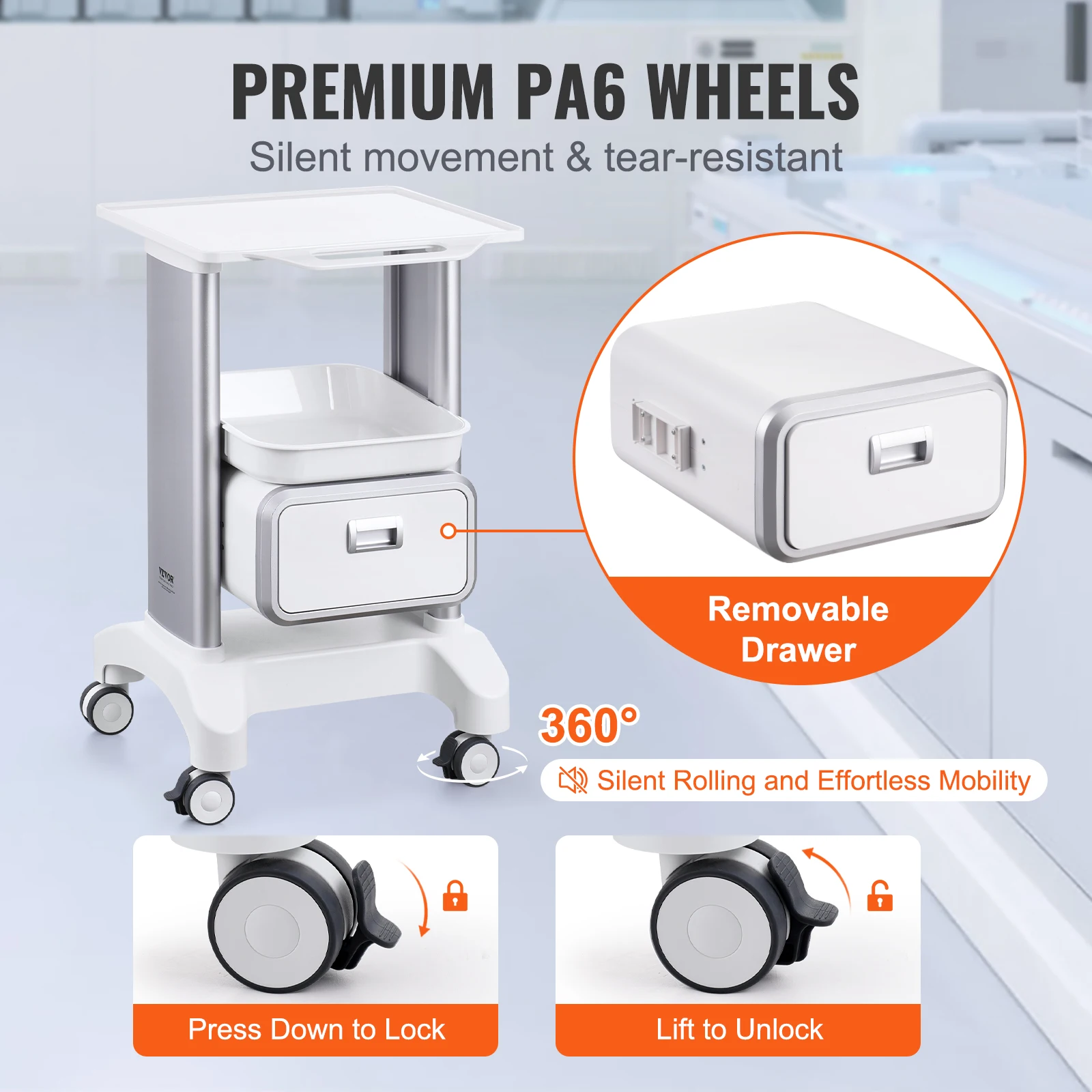 VEVOR 2 Tiers Lab Carts Lab Utility Cart Mobile Medical with ABS Material Lab Rolling Cart for Lab Clinic Hospital Salon