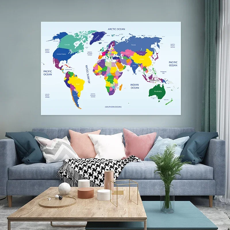 Mapa del mundo, pintura de pared de 100x70cm, lienzo no tejido, póster artístico, impresiones decorativas modernas, suministros de estudio para habitación, oficina y escuela