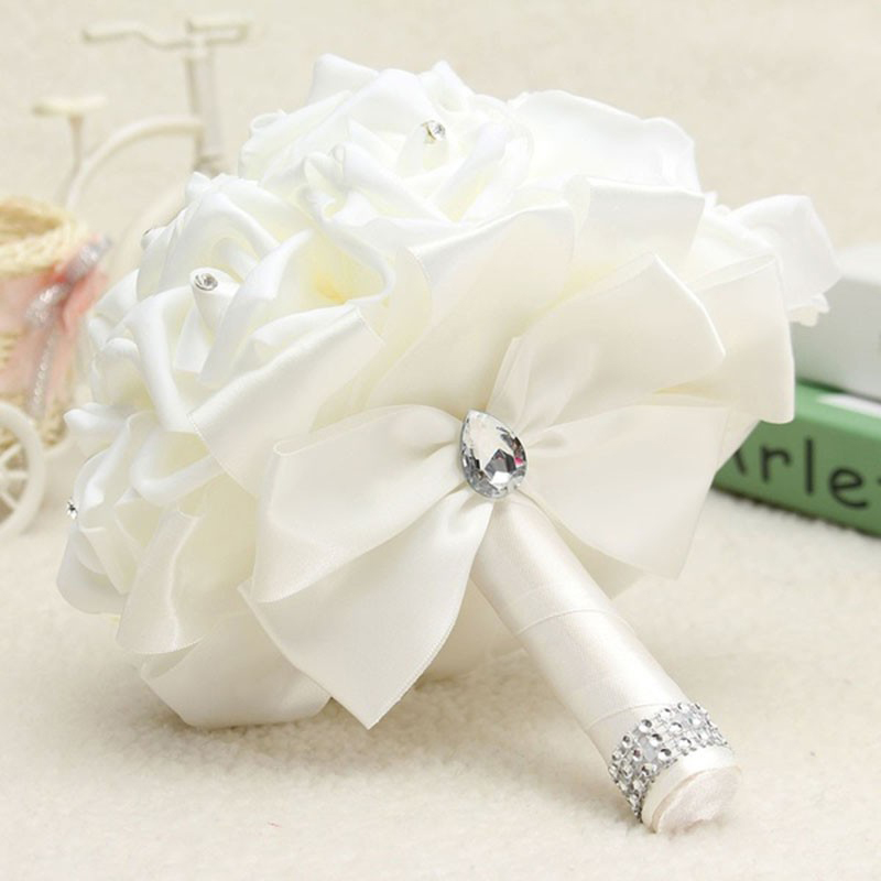Buquê de rosas para casamento, fita de flores de espuma pe, buquê de simulação de casamento com cristal falso para festa, decoração de igreja, 1 peça