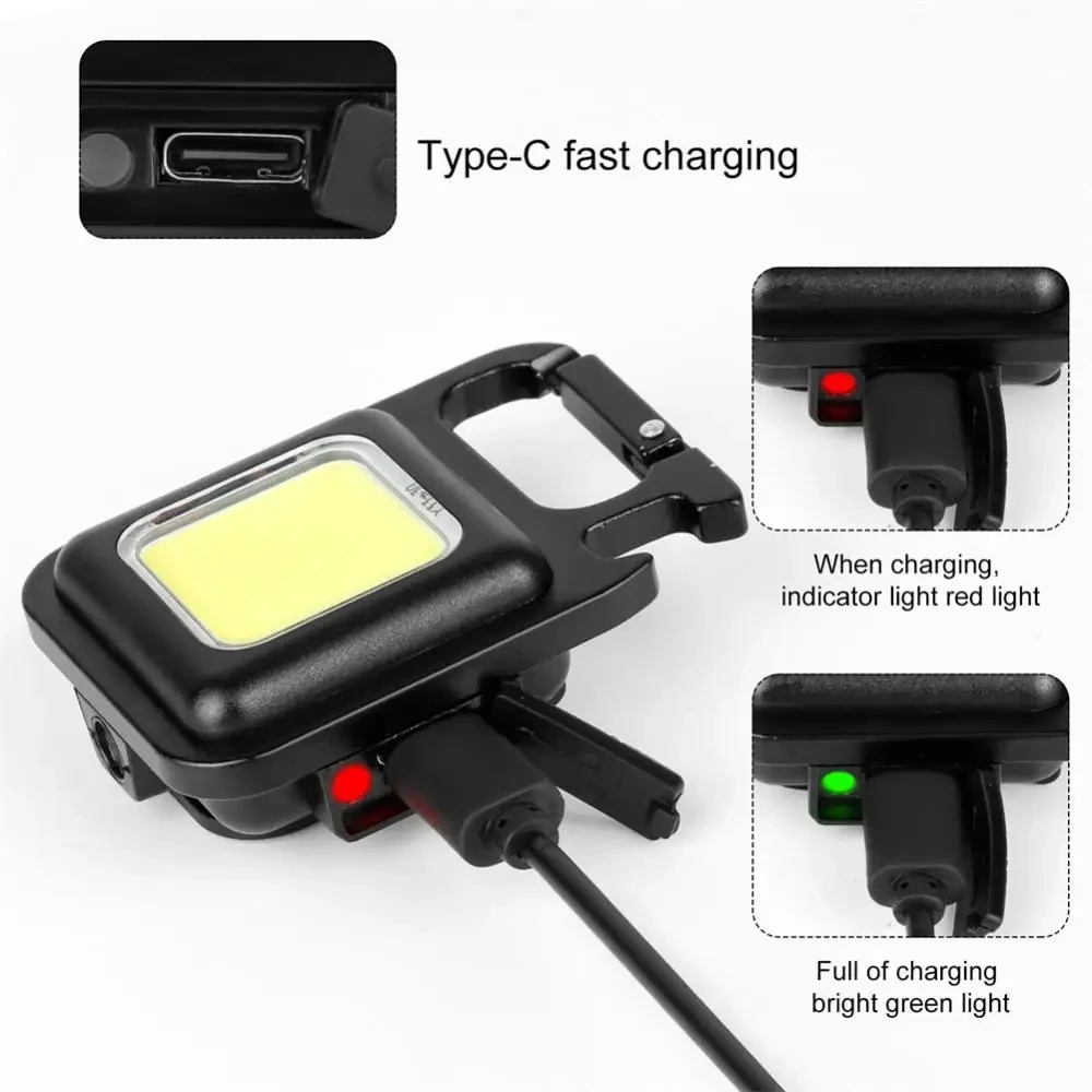 COB LED 미니 손전등 슈퍼 밝은 EDC 키 체인 빛 꼬리 자석 코르크 따개와 야외 비상 캠핑 포켓 램프