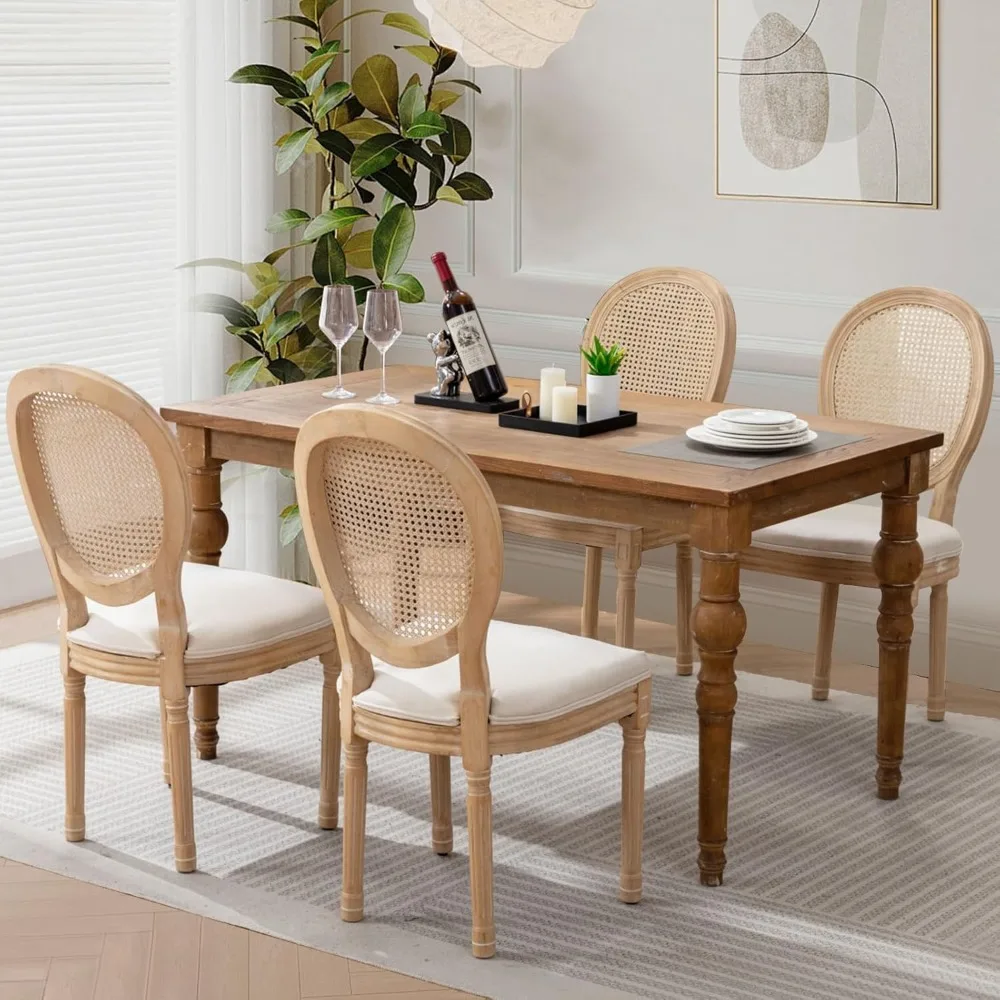 4-Piece Rattan Back Upholstered Dining Chairs: French Country Oval Side Chairs with Wood Legs – Dining Room, Kitchen, Restaurant