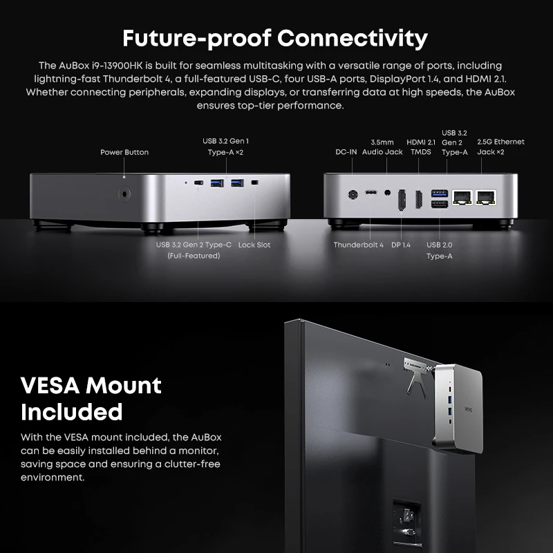 CHUWI AuBox AMD R7 8745HS/Intel i9-13900HK Mini PC 32GB 1TB SSD Windows 11 4K 60Hz pantalla AI-Link WiFi 6 BT 5,1 extender M.2 2T * 2