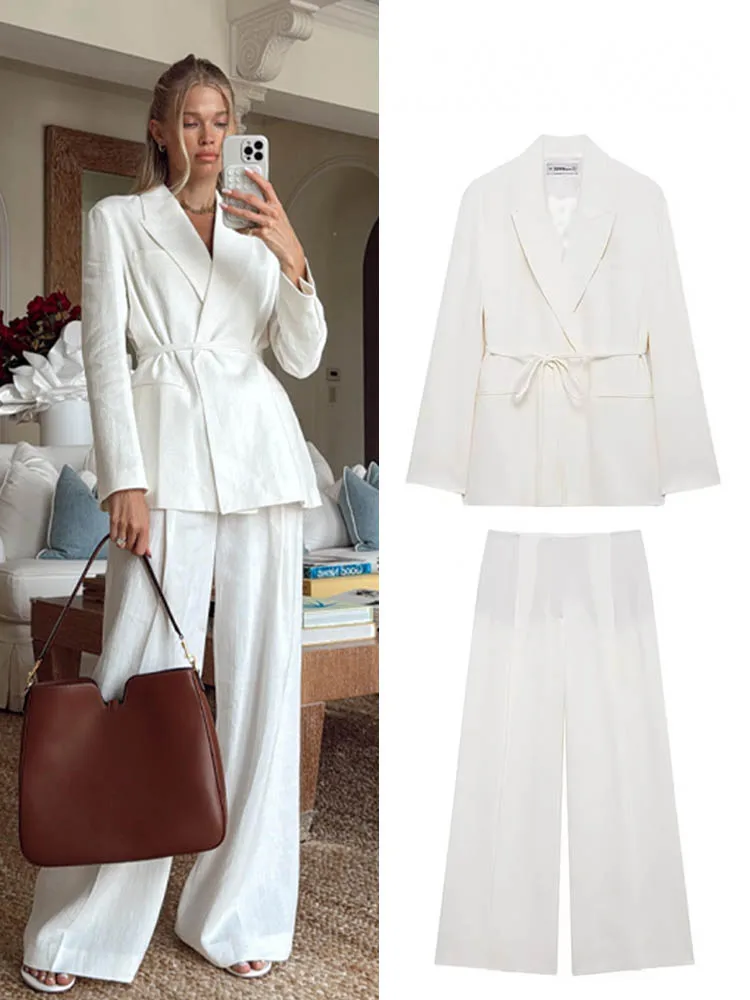 HH Damenanzüge Weiß Umlegekragen Lange Ärmel Schnürblazers + Hohe Taille Reißverschluss Lange Hosen Weibliche Frühlingsmode-Sets