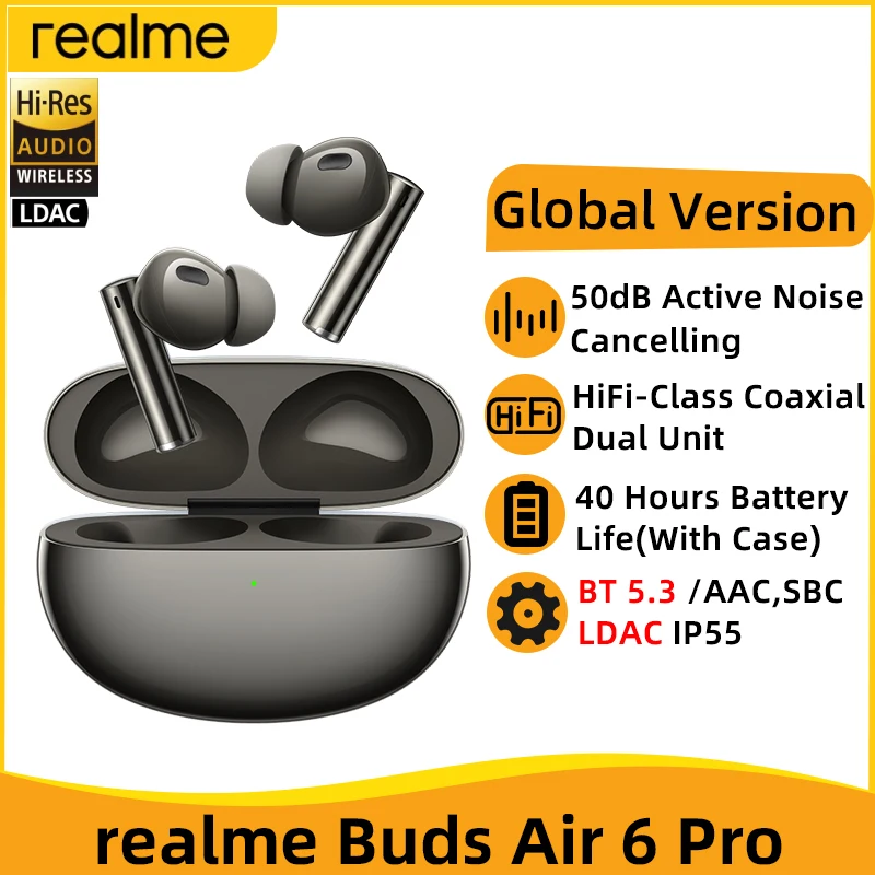 Versión Global realme Buds Air 6 Pro auriculares inalámbricos verdaderos 50dB cancelación activa de ruido Bluetooth 5,3 TWS auriculares LDAC