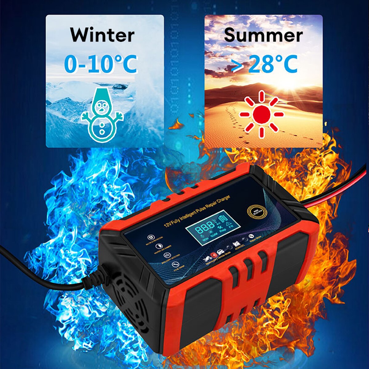 Carregador de bateria do carro com display LCD, reparo inteligente do pulso Carregamento da bateria da motocicleta 12V