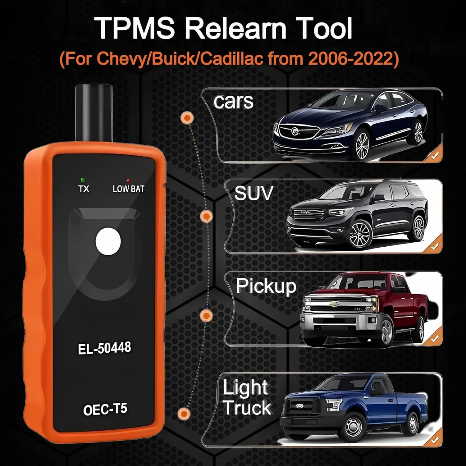Sensor de detecção de pressão dos pneus automotivos EL-50448 OEC-T5 opel/gm sistema de monitoramento de pressão dos pneus tpms ferramenta de ativação de redefinição