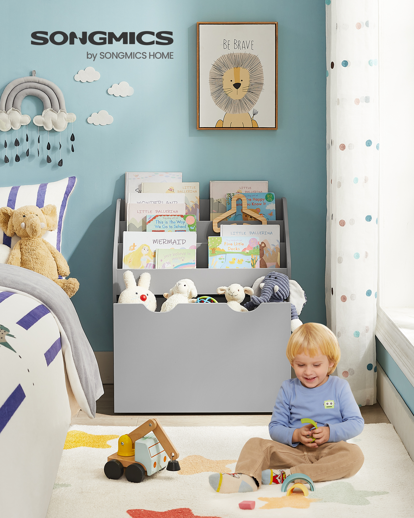 SONGMICS Étagère pour Jouets, 3 Compartiments Bibliothèque pour Enfants, Boîte à Jouets Mobile, avec roulettes, Multi-Usage, pour Chambre d'enfant et Salle de Jeux