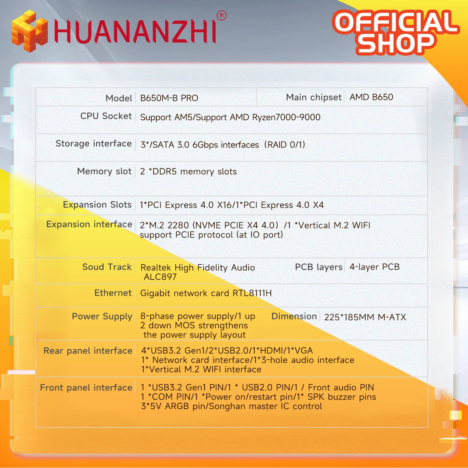 HUANANZHI B650M B PRO AMD AM5 Motherboard unterstützt Ryzen R5 R7 7000 8000 9000 Serie M.2 NVME WIFI Dual Channel DDR5 EXPO RAM