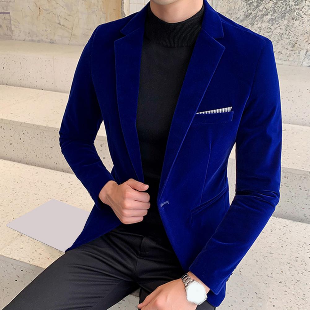Blazer de terciopelo para hombre, abrigo de traje ajustado con un solo botón y cuello vuelto con temperamento, chaqueta de traje Formal para hombre con forro de terciopelo elegante