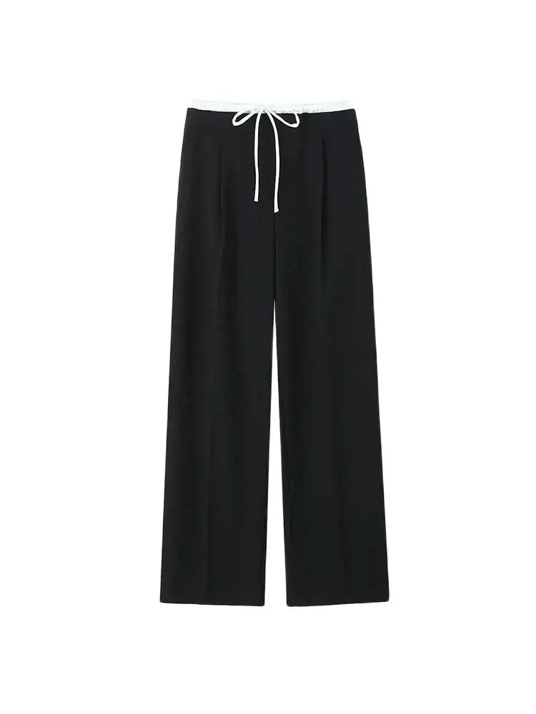 Calças femininas de cintura dupla com pernas largas, cintura alta elástica com cordão, bolsos laterais, calças femininas, moda chique