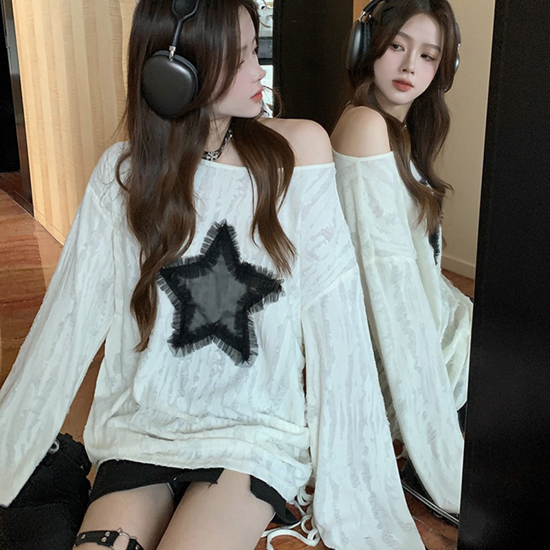 Clearance_Harajuku T-shirts Fashion Tops Star Hollow Out Lange Mouw T-shirt Koreaanse Kawaii Ropa Mujer Casual Y2k T-shirt Kleding