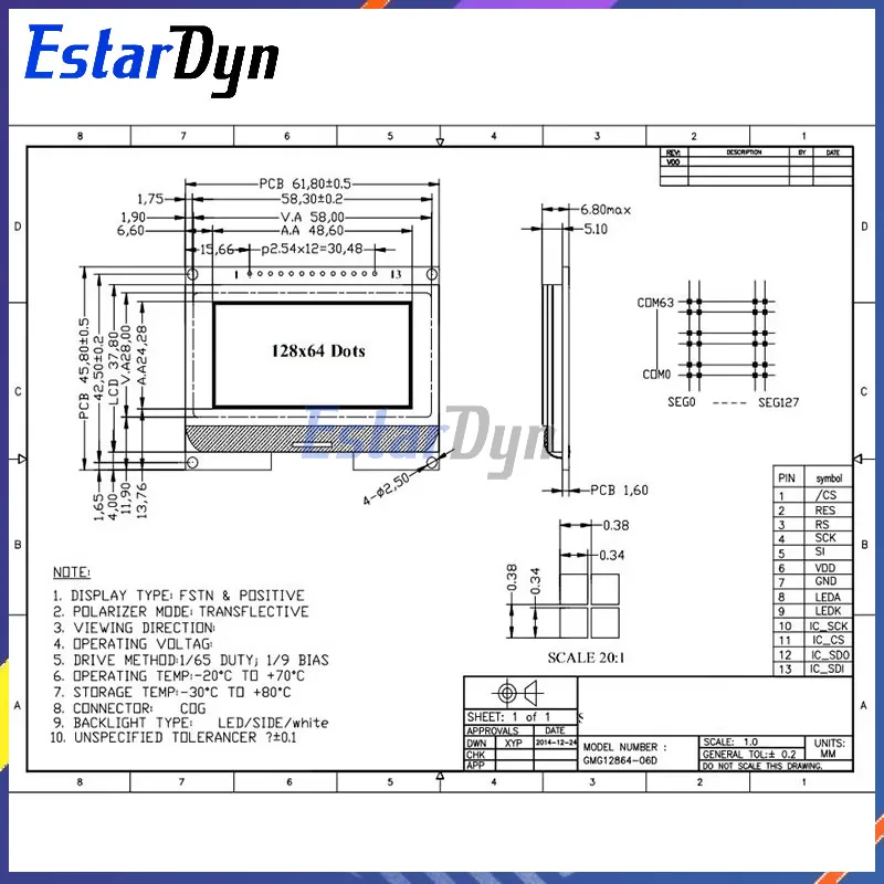 Estardyn Lcd12864 12864-06D, 12864, módulo LCD, COG, com fonte chinesa, tela de matriz de pontos, interface SPI