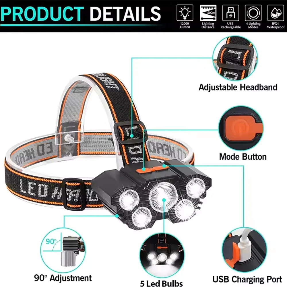 Linterna frontal LED recargable por USB, 5 cuentas de lámpara, 4 modos, batería de litio recargable incorporada, faro ligero, diadema elástica
