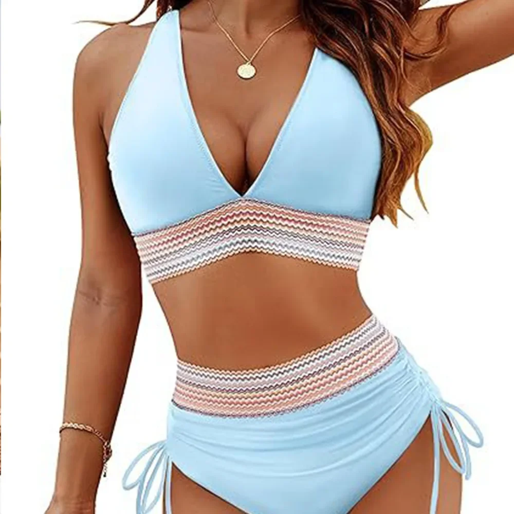 2024 Solid Color Drawstring Bikini Set Fashion High Waist Separate Patchwork Swimwear Drawstring Women Swimsuit Women