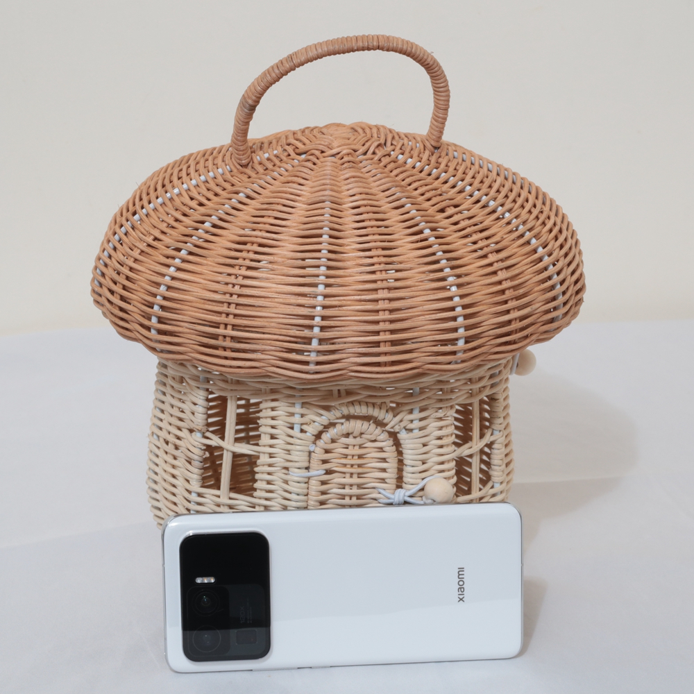 Handmade Rattan Cogumelo Em Forma De Bolsa, Tecido Casa Messenger Bag, Cestas De Armazenamento, Cesta De Plantas Infantis