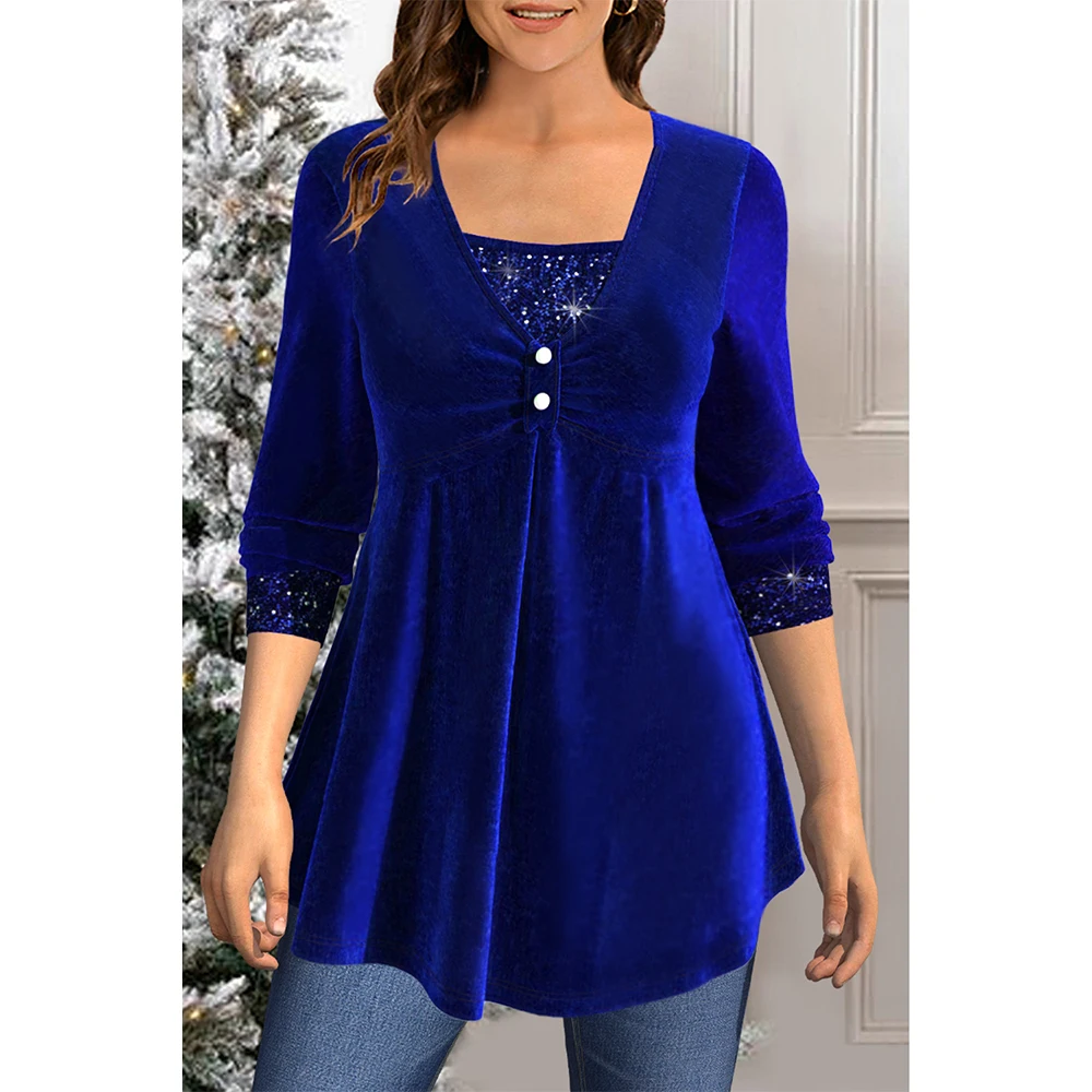 Flycurvy プラスサイズ ドレッシー ロイヤル ブルー クリスマス キラキラ スパンコール ボタン シャーリング チュニック 2 in 1 半袖 ブラウス V ネック トップス