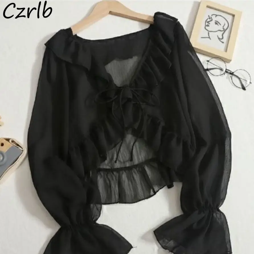 Blusen Frauen Lace-up Sommer Neue Design Dünne Trendy Langarm Freizeit Süße Mädchen Alle-spiel Koreanischen Stil Zarte streetwear Ins