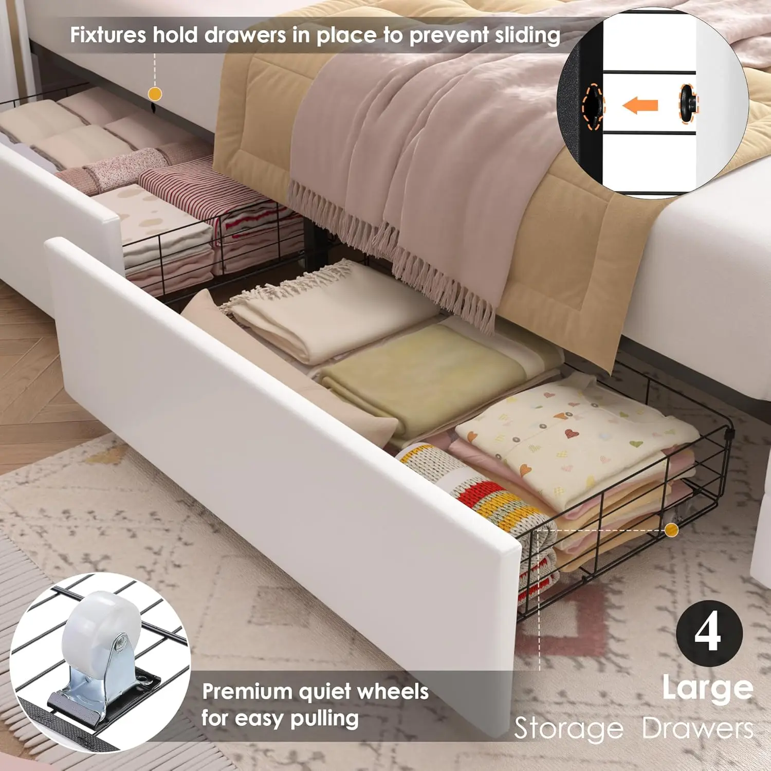 Upholstered Twin LED Bed Frame with Crystal Button-Tufted Headboard & 4 Storage Drawer, Modern PU Princess Twin Size Platf