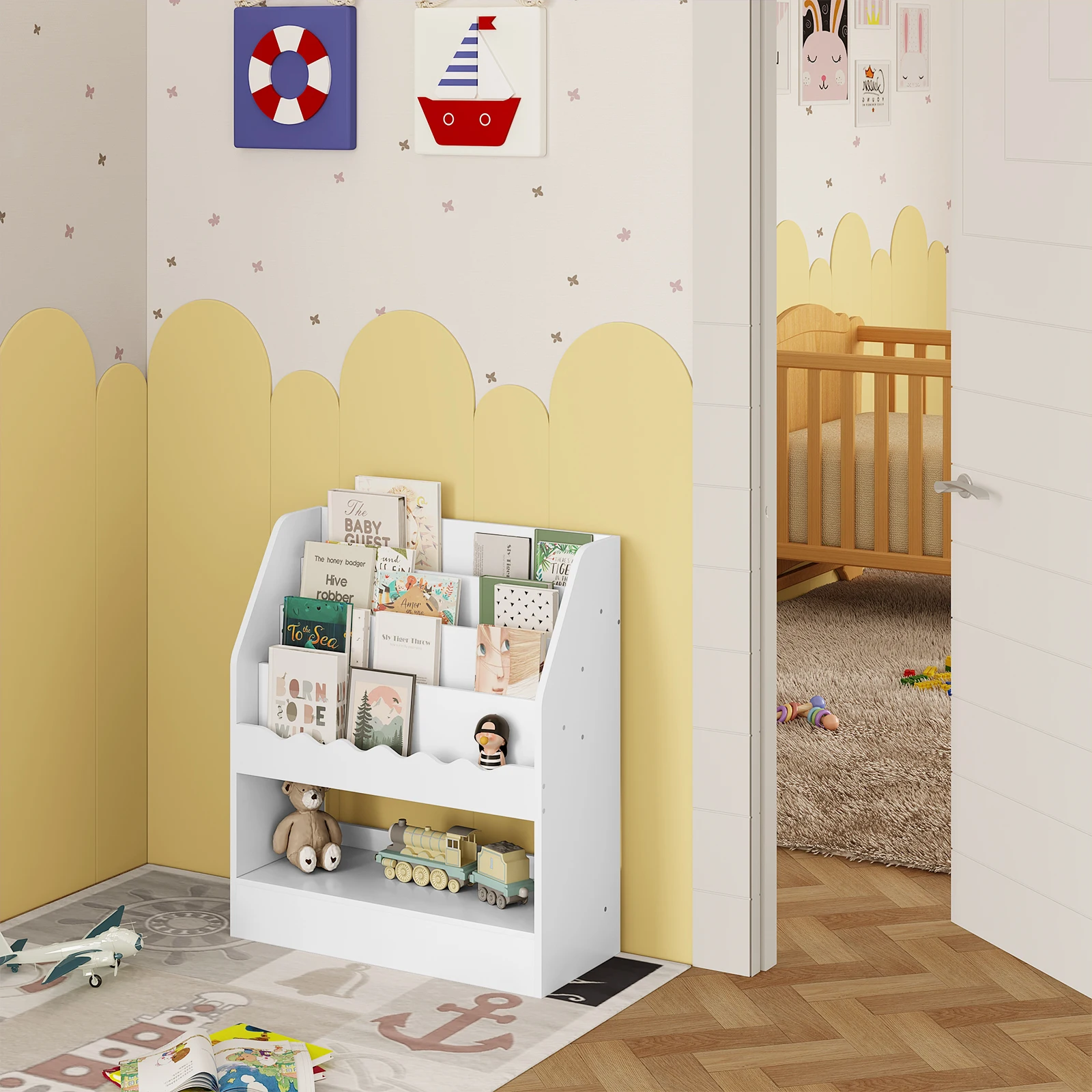 WOLTU Libreria bianca per bambini Libro dei cartoni animati Giocattolo Scaffale portaoggetti Montessori con 5 scomparti per la cameretta dei bambini Asilo