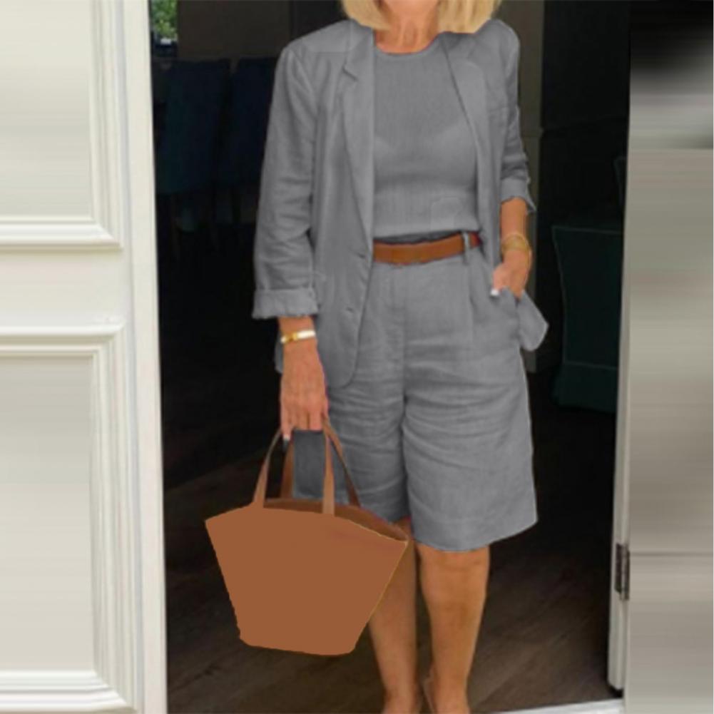 Blazer con temperamento de lino y algodón para mujer, traje con americana, conjunto de 2 piezas, cintura elástica, chaqueta fina para mujer, pantalones cortos, traje de verano