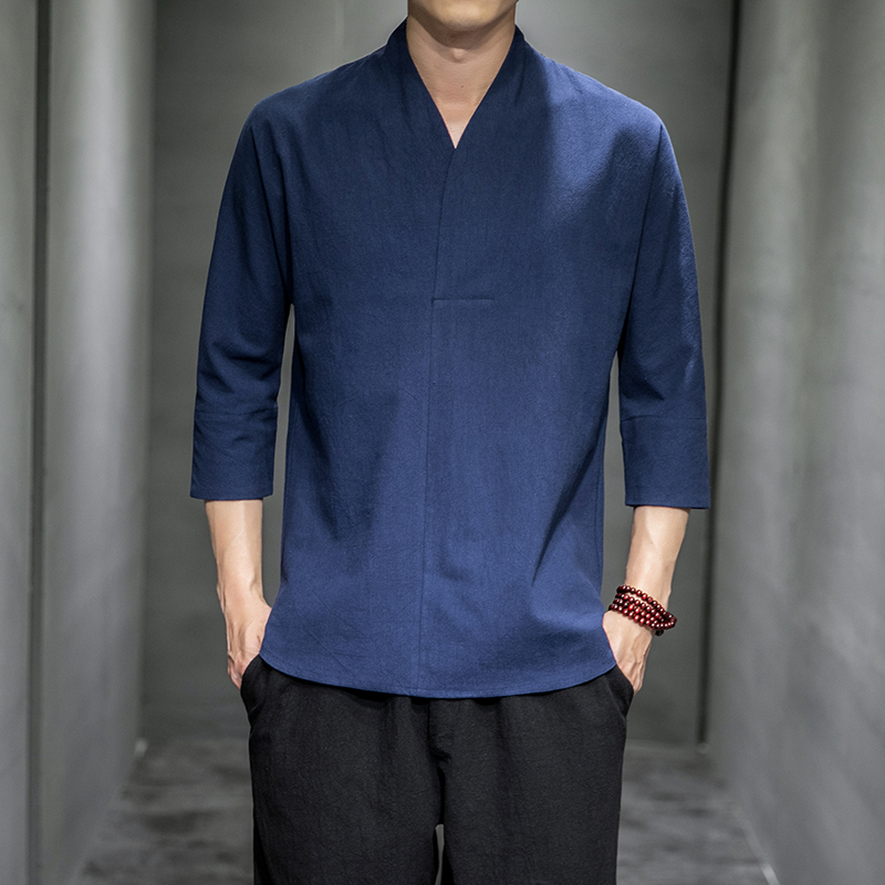 Hemden Männer Solide Pullover V-ausschnitt Drei Viertel Herren Kimono Shirts Traditionelle Streetwear Bluse Chinesischen Stil Leinen Shirts Mann
