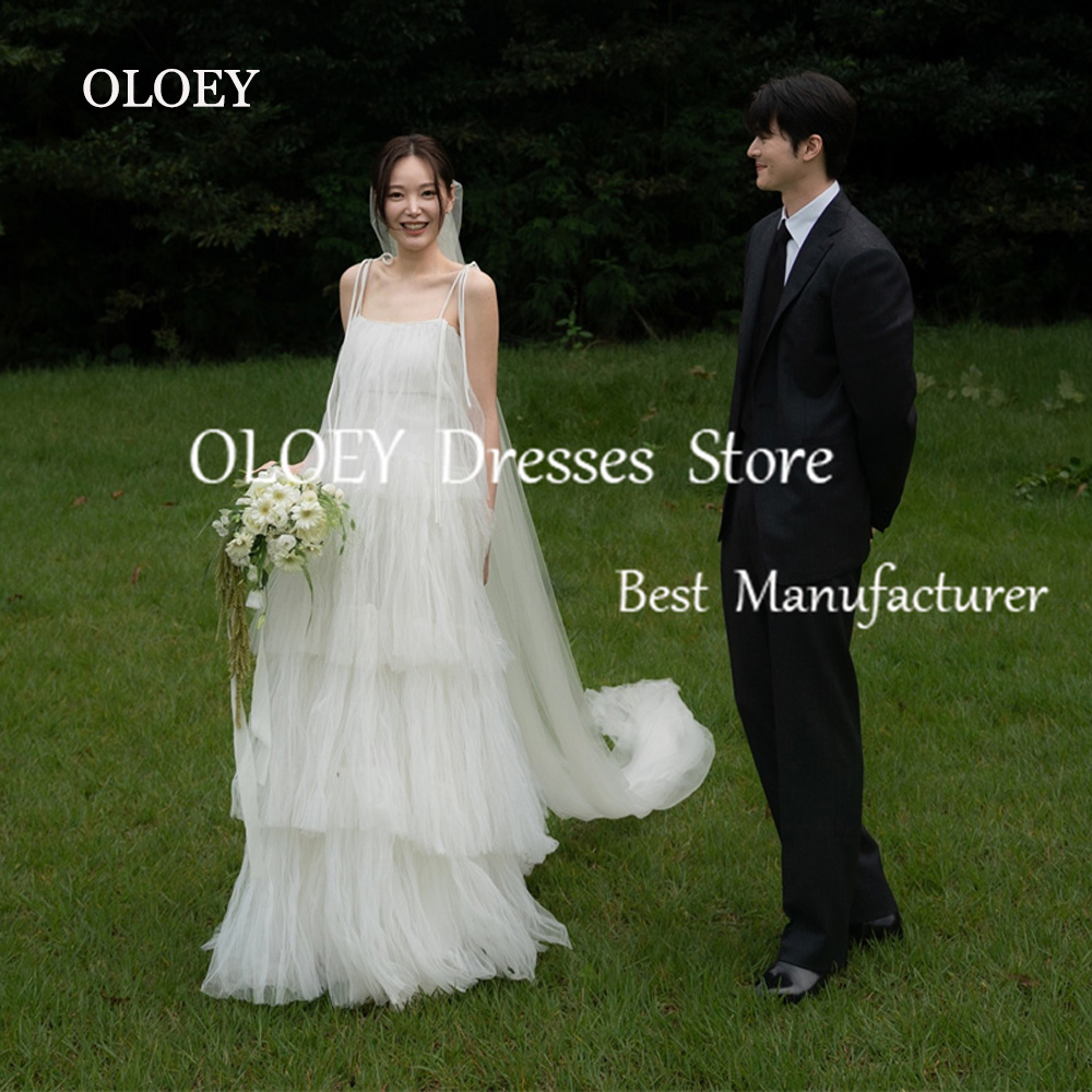 OLOEY 2025 nuevo vestido de novia línea A sesión de fotos de Corea vestido de novia de tul en capas personalizado correa de espagueti marfil puro sin mangas