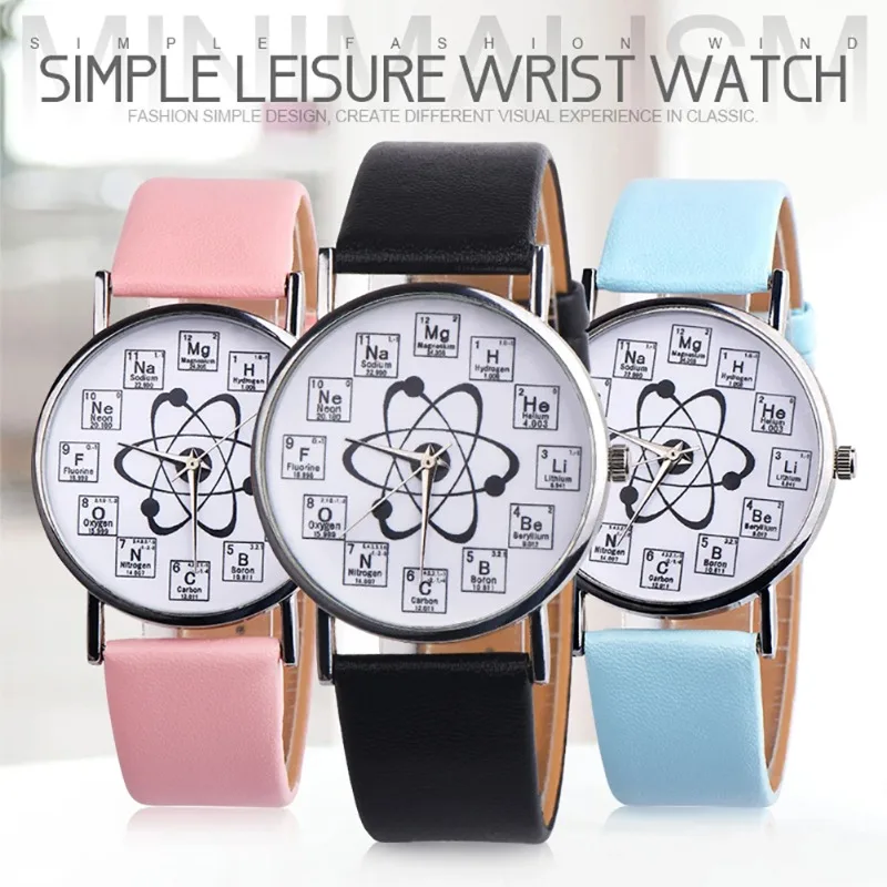 Couple Watches Creative Design Chemical Element Markers Molecule Pattern Watches Leather Band Quartz Wristwatch Watch Man