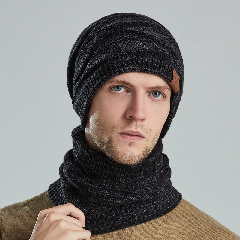 Heren Winter Houden Warme Beanie Sjaal Set Vrouwen Fleece Voering Wollen Garen Hoed Gebreide Hals Gaiter Effen Kleur Unisex Design Groothandel