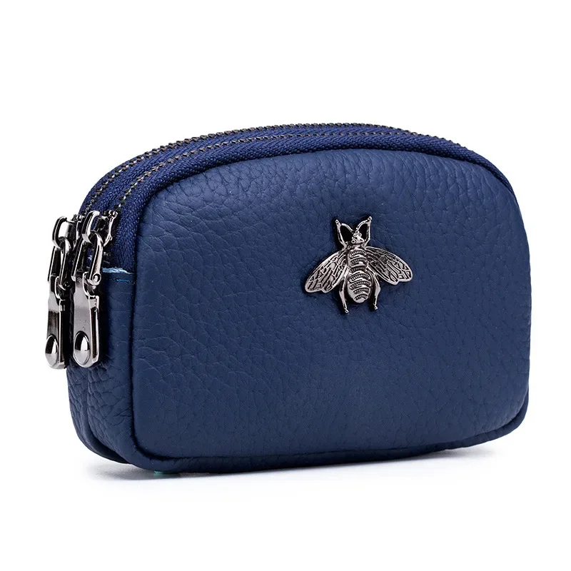 ผู้หญิง Cowhide Double Zipper กระเป๋าสตางค์แบบพกพากระเป๋า Bee Card Hoder ลิปสติกหนังมินิหูฟัง