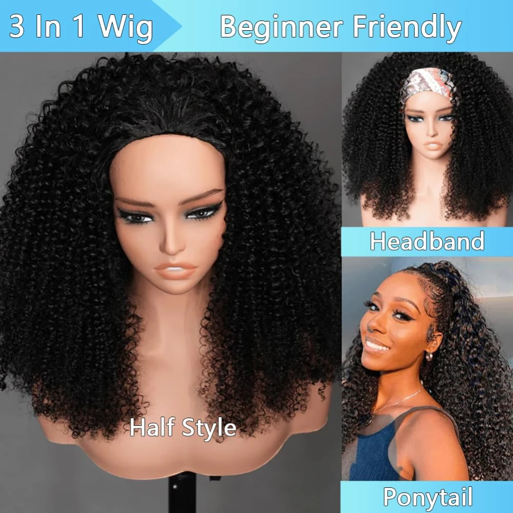 Halve pruik Kinky krullend 200% dichtheid Remy-haar Krullende pruiken 100% echt haar Geen leave-out Upgrade Lijmloze clip-in halve pruiken voor vrouwen