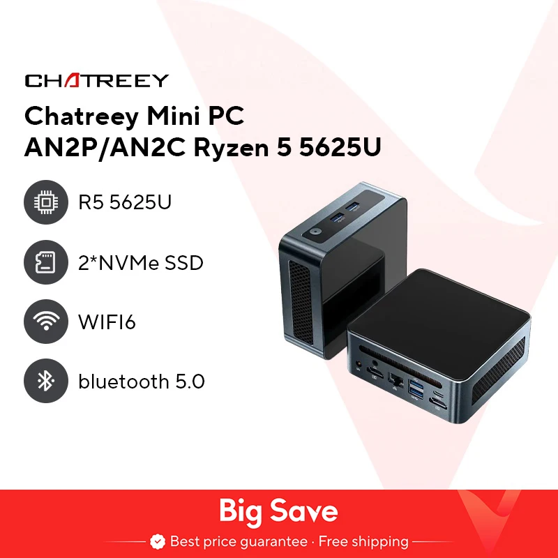 Chatreey-Mini PC AN2P Ryzen 5 5625U/3550H, ordenador de escritorio para juegos, NVME SSD, WIFI6, HD, Windows 11 Pro