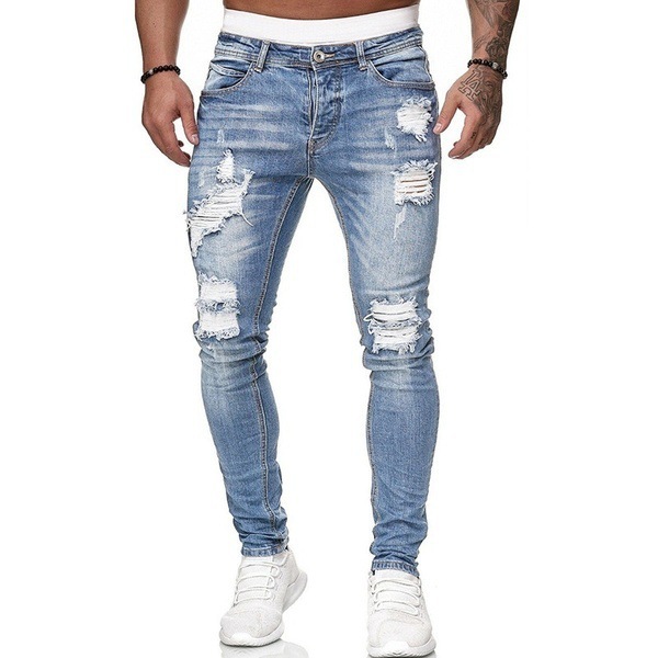 Pantalones vaqueros rasgados de cintura media ajustados para hombre, pantalones pitillo estilo Punk liso con lavado vaquero Vintage, pantalones pitillo con agujeros desgastados hasta el tobillo