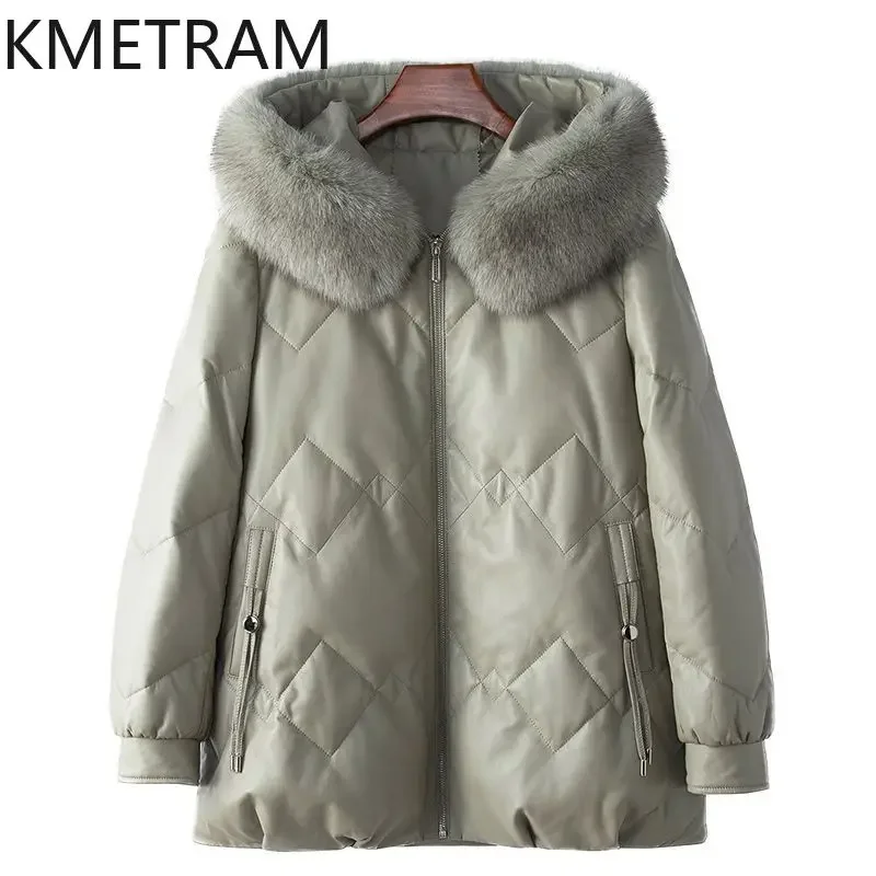100 % Schaffell-Daunenmäntel für Damen, Kleidung, Fuchspelzkragen, modische Pufferjacke, 2024, Winterjacken mit Kapuze, Ja Пухок Ж Diego Andreas