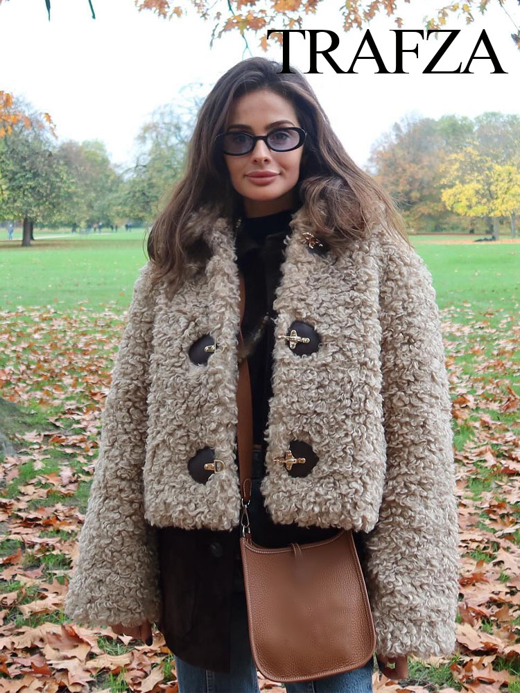 TRAFZA Winter Mode Frau Mäntel Solide Drehen-unten Kragen Langarm Einreiher Weibliche Streetwear Stil Dicke Jacken