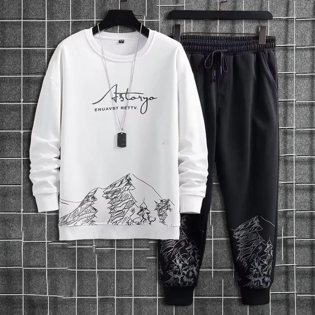 Taschen Jogginganzug Herren Mountain Print Lässiges Trainingsanzug-Set mit O-Ausschnitt Sweatshirt Joggerhose für Herbst Winter Herren
